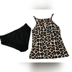 Ellen Tracy Leopard Print Keyhole Tankini with Black Bottoms - Sz 8